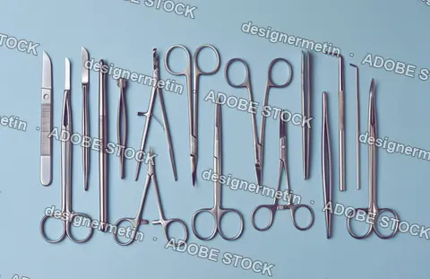 Stainless Steel Surgical Instruments Arranged On Clean Blue Medical Background
