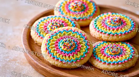 Decorated Sugar Cookies With Colorful Rainbow Icing On Round Wooden Plate