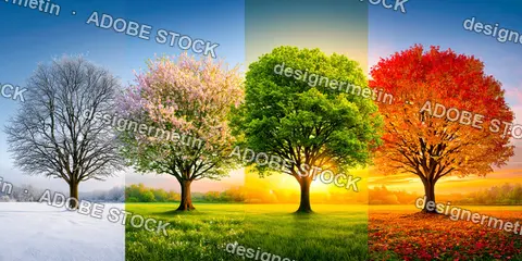 Four Seasons Panorama With Same Tree In Winter Spring Summer And Autumn
