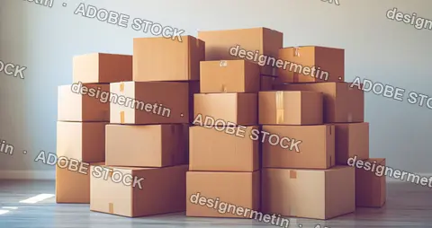 Stacked Cardboard Moving Boxes In Bright Empty Room With Hardwood Floor