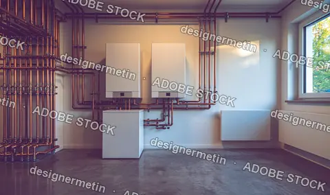 Modern Boiler Room Interior With Copper Pipes And Wall Mounted Heating Units