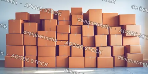 Large Wall Of Stacked Cardboard Shipping Boxes In Empty Warehouse Interior