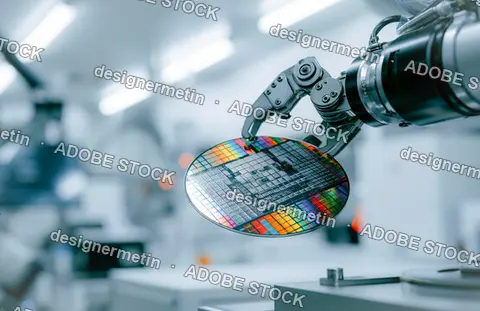 Robotic Arm Inspecting Semiconductor Wafer Inside Sterile Electronics Cleanroom