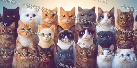 Diverse Group Portrait Of Many Cats With Colorful Fur And Expressive Faces