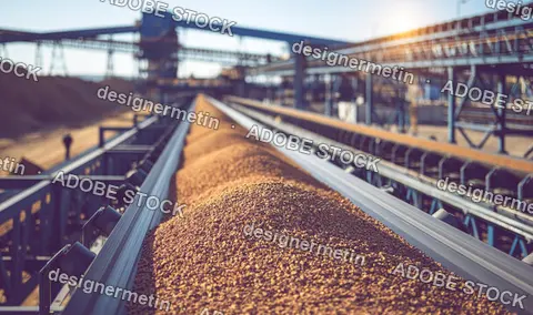 Industrial Mining Conveyor Transporting Crushed Ore Through Processing Facility