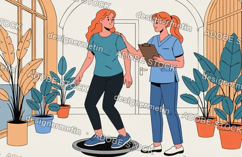 Physical Therapist Assisting Patient On Balance Board In Clinical Room Vector