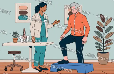 Female Doctor Assisting Elderly Man With Physical Therapy Exercises In Clinic, Vector