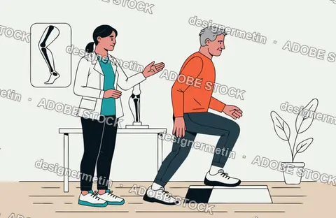 Elderly Man Doing Rehabilitation Step Exercises With Female Doctor In Clinic Vector
