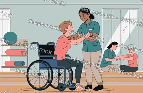 Professional Physiotherapist Assisting A Wheelchair User In A Clinic Room Vector