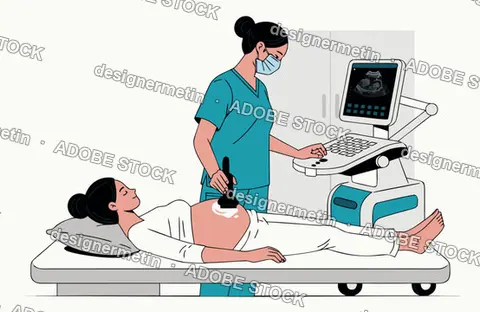 Medical Vector Illustration Of A Doctor Performing An Ultrasound On A Pregnant Woman In A Clinic