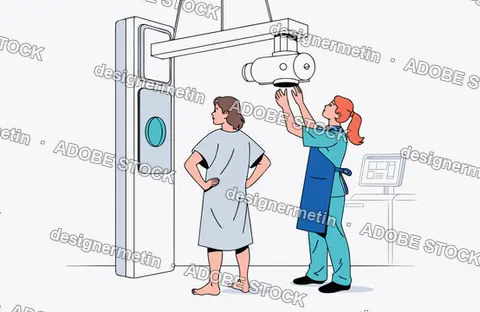Professional Female Radiologist Preparing X-Ray Scanner For Patient In Hospital Vector
