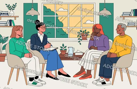 Diverse People Attending A Group Therapy Session In A Cozy Office Vector Illustration