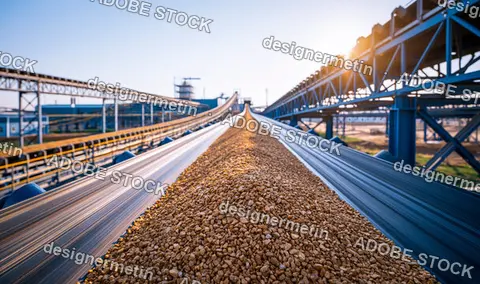 Industrial Conveyor Belt Transporting Crushed Stones In A Mining Facility At Sunset