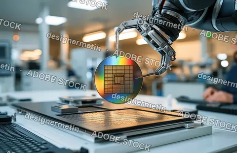 Precision Robotic Hand Holding A Semiconductor Wafer In A Modern Microchip Factory