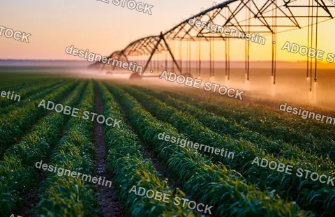 Center Pivot Irrigation System Watering Green Crop Rows In A Rural Farm Field At Sunset