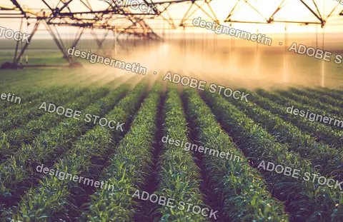 Modern Irrigation System Spraying Water On Green Crops In A Large Field During Sunset