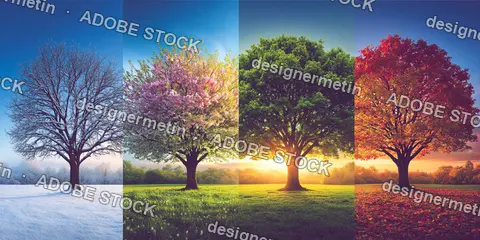 Seasonal Cycle Of A Tree From Winter Snow To Autumn Foliage In A Green Field