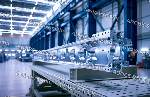 Precision Machined Aluminum Component Resting On A Workbench In A Modern Factory Hall