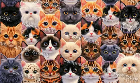 Cute Colorful Kittens Faces Arranged In A Dense Portrait Style Wallpaper Pattern