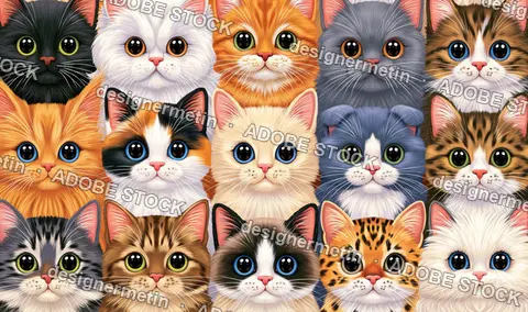 Seamless Pattern Of Cute Colorful Cat Faces With Big Eyes In A Grid Layout