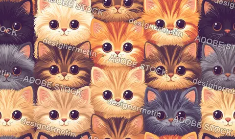Cute Fluffy Kitten Faces Forming A Seamless Repeating Pattern For Wallpaper