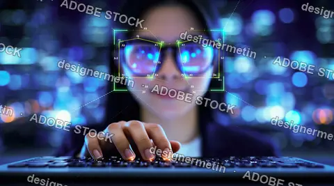 Woman Using Computer With Facial Recognition Overlay And Futuristic Interface