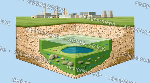 Industrial Site Above Underground Aquifer, Geological Cross Section Diagram