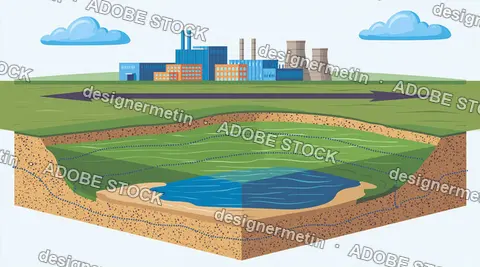 Industrial Site Above Groundwater Basin, Environmental Cross Section Diagram