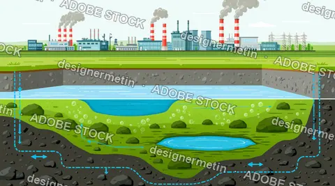 Contaminated Groundwater Beneath Factory, Environmental Cross Section Diagram