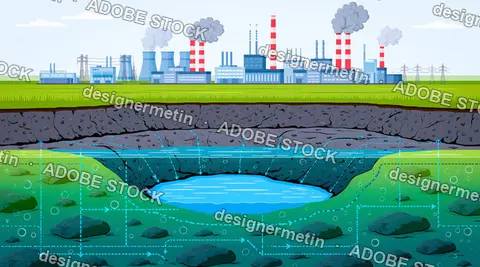 Industrial Pollution Reaching Groundwater, Environmental Cross Section Diagram