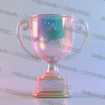 Iridescent Award Trophy Cup With Star On Soft Blue Pastel Studio Background