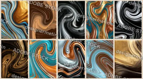Gold Teal And Black Liquid Marble Swatch Collection With Ten Abstract Designs