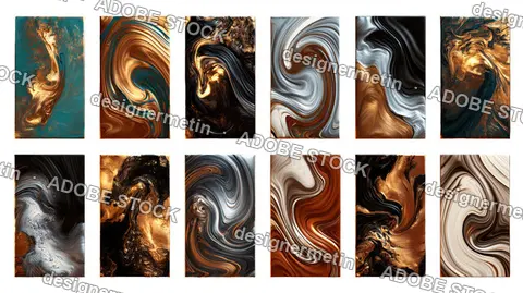 Luxury Black Copper And Teal Marble Panel Set, Isolated On Transparent Background, Png