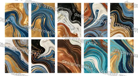 Blue Gold And Copper Liquid Marble Panel Set, Isolated On Transparent Background, Png