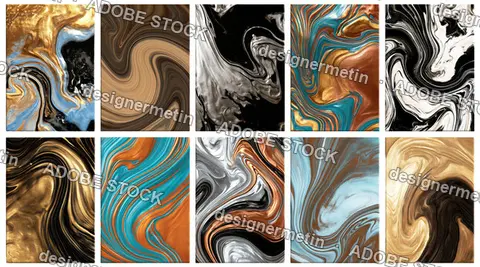 Gold Teal And Black Liquid Marble Swatch Set, Isolated On Transparent Background, Png