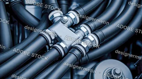 Industrial Hydraulic Hoses Connected To Central Metal Manifold And Fittings