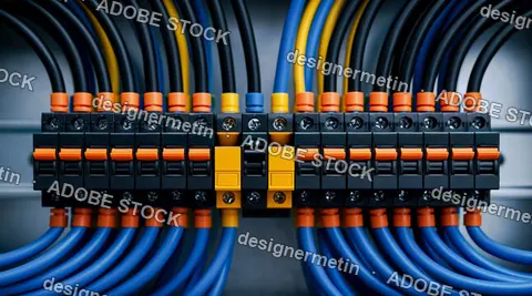 Industrial Electrical Distribution Panel With Black Blue And Yellow Wiring