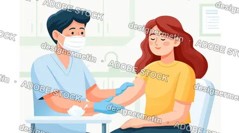 Masked Healthcare Worker Collecting Blood Sample From Female Patient, Vector Illustration