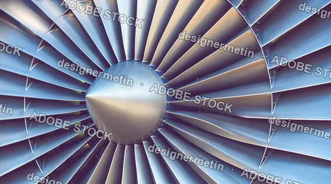 Detailed Close Up Of Polished Jet Engine Turbine Blades And Central Spinner