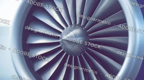 Close Up Of Aircraft Jet Engine Turbine With Metallic Fan Blades And Spinner