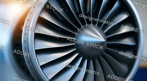 Detailed Close Up Of Aircraft Jet Engine With Metallic Turbine Fan Blades