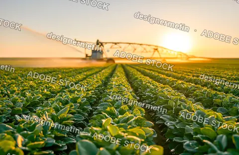 Green Crop Field With Center Pivot Irrigation System At Golden Sunrise