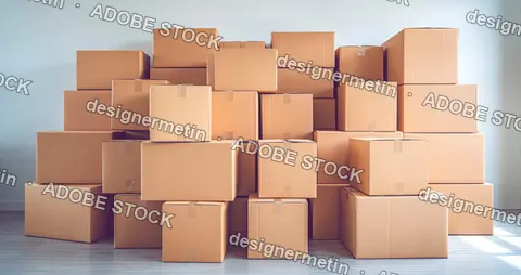 Large Stack Of Cardboard Moving Boxes In Bright Empty Room With Wood Floor
