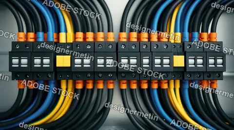 Electrical Terminal Block With Black Yellow And Blue Wires In Organized Panel