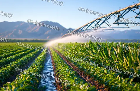 Automatic Irrigation System Spraying Water Over Green Crops In A Mountain Valley Field