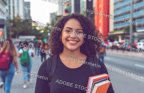 Young Smiling Student With Curly Hair Holding Books On A Busy City Street