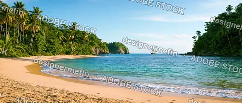 Tropical Beach Bay With Palm Trees, Turquoise Sea And Distant Sailboat