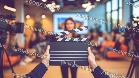 Film Clapperboard Held In Hands Inside Professional Video Production Studio