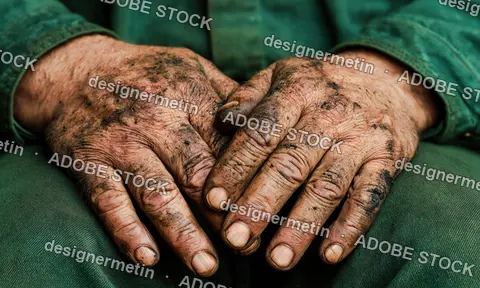 Weathered Dirty Hands Resting Together, Close Up Of Hardworking Manual Laborer