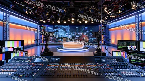 Professional Television Studio Control Desk Facing News Set And Broadcast Cameras